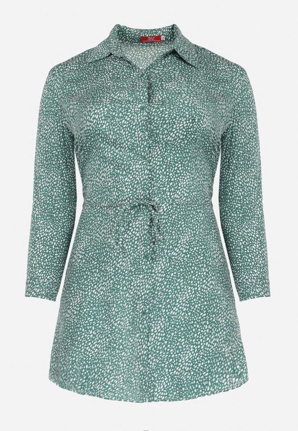 Born2be - Zielona Koszulowa Sukienka Mini z Materiałowym Paskiem i Podpinanymi Rękawami Eleandia. Kolekcja: plus size. Kolor: zielony. Materiał: materiał. Wzór: kwiaty. Sezon: lato, wiosna. Typ sukienki: koszulowe. Długość: mini