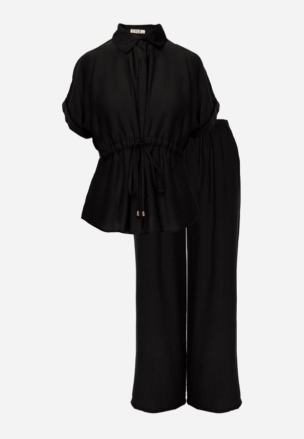 Born2be - Czarny Wiskozowy Komplet Spodnie i Bluzka Koszulowa z Wiązaniem w Talii Irinryss. Kolor: czarny. Materiał: wiskoza