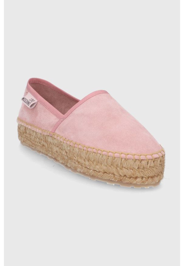 Love Moschino Espadryle skórzane kolor różowy na platformie. Kolor: różowy. Materiał: skóra. Wzór: gładki. Obcas: na platformie