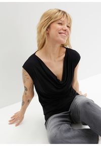 bonprix - Top z mieszanki wiskozy. Typ kołnierza: dekolt woda. Kolor: czarny. Materiał: wiskoza. Styl: klasyczny #1