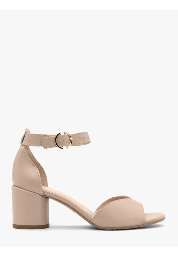 Ryłko - Beżowe sandały damskie na słupku. Kolor: beżowy. Materiał: skóra. Obcas: na słupku. Styl: street. Wysokość obcasa: średni