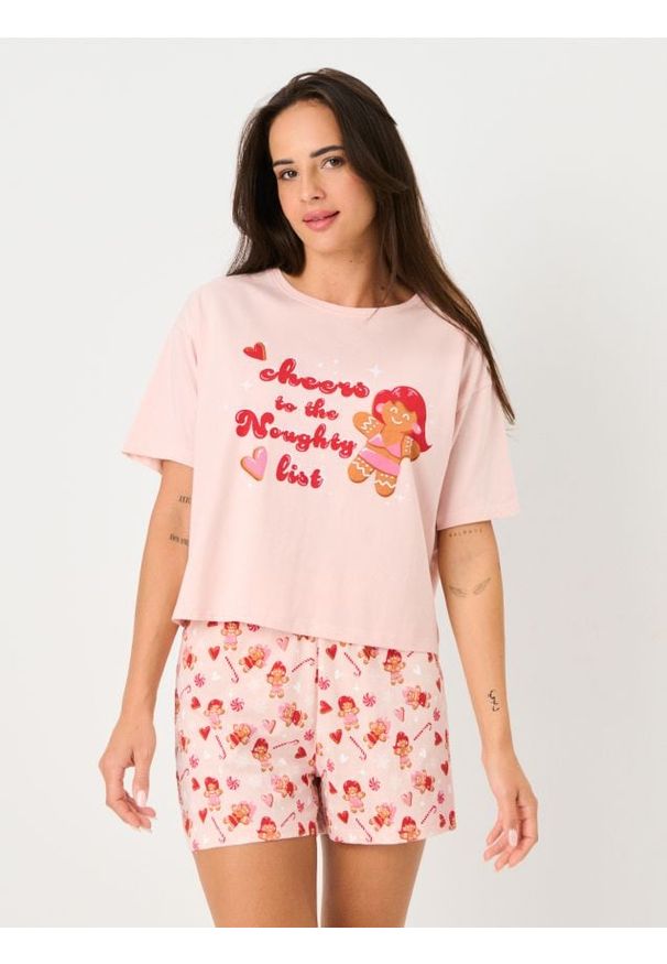 Sinsay - Świąteczna piżama dwuczęściowa z motywem pierniczków - różowy. Kolor: różowy