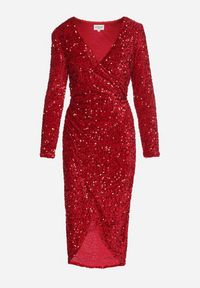 Born2be - Czerwona Dopasowana Cekinowa Sukienka z Kopertowym Dekoltem i Asymetrycznym Wycięciem Rinnalith. Okazja: na imprezę. Kolor: czerwony. Typ sukienki: asymetryczne, kopertowe. Styl: klasyczny, elegancki #7
