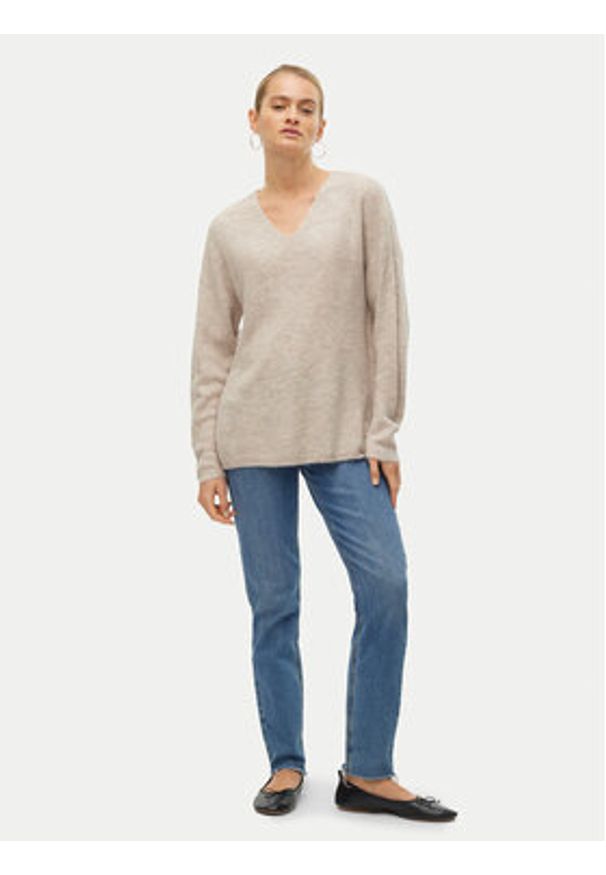 Vero Moda Sweter Crewlefile 10233357 Beżowy Loose Fit. Kolor: beżowy. Materiał: syntetyk