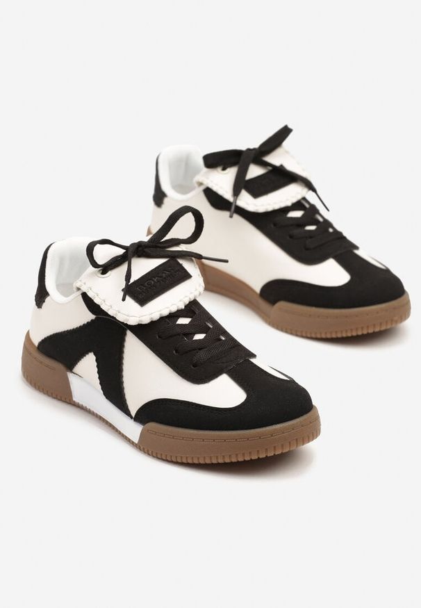 Renee - Czarno-Beżowe Sneakersy w Stylu Tenisówek z Szerokim Językiem Alarila. Nosek buta: okrągły. Kolor: czarny. Wzór: aplikacja. Sezon: lato