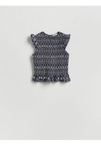 Reserved - Bluzka z haftowanym wzorem - granatowy. Kolor: niebieski. Materiał: bawełna. Wzór: haft #1