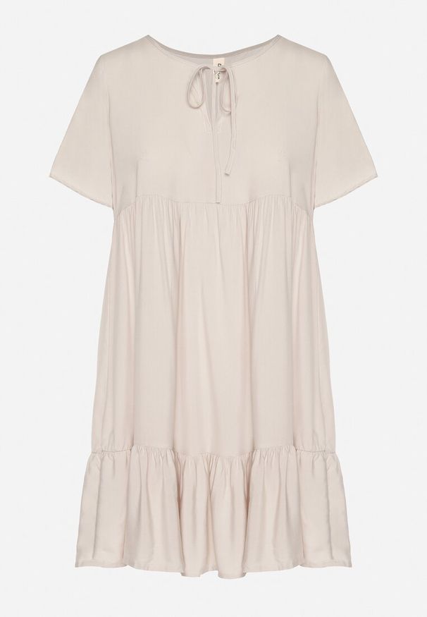 Born2be - Jasnobeżowa Sukienka z Bawełny o Rozkloszowanym Kroju z Wiązaniem przy Dekolcie Mepilea. Okazja: na co dzień. Kolor: beżowy. Materiał: bawełna. Długość rękawa: krótki rękaw. Sezon: wiosna, lato. Typ sukienki: rozkloszowane. Styl: casual, klasyczny, elegancki