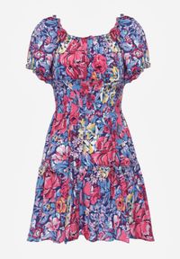Born2be - Granatowa Wiskozowa Sukienka Mini z Gumkami w Pasie i Falbanką Muena. Typ kołnierza: kołnierz z falbankami. Kolor: niebieski. Materiał: wiskoza. Wzór: kwiaty. Długość: mini #4