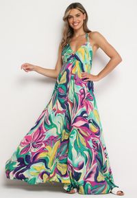 Born2be - Zielono-Fioletowa Rozkloszowana Sukienka z Wiskozy z Odcięciem pod Biustem Wiązana na Szyi i Plecach Nividia. Okazja: na co dzień. Kolor: zielony. Materiał: wiskoza. Sezon: lato. Typ sukienki: sportowe, proste. Styl: klasyczny, casual, elegancki, sportowy #1