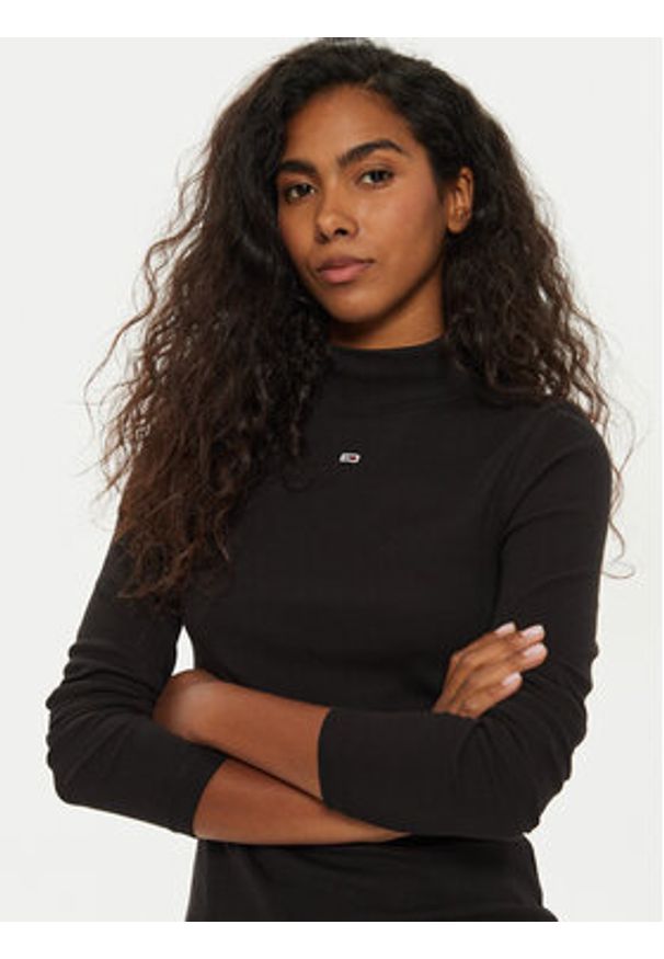 Tommy Jeans Bluzka Tjw Essential Mock Neck DW0DW19830 Czarny Slim Fit. Kolor: czarny. Materiał: bawełna