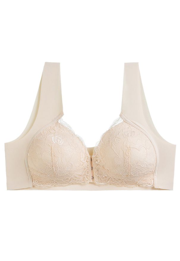 Intica - Biustonosz push-up z koronką zapinany z przodu Lima. Kolor: beżowy. Materiał: koronka. Rodzaj stanika: push-up. Wzór: koronka