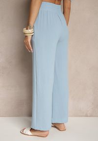 Renee - Jasnoniebieskie Szerokie Spodnie High Waist z Gumką w Pasie Savimirae. Okazja: na co dzień. Stan: podwyższony. Kolor: niebieski. Styl: casual, elegancki