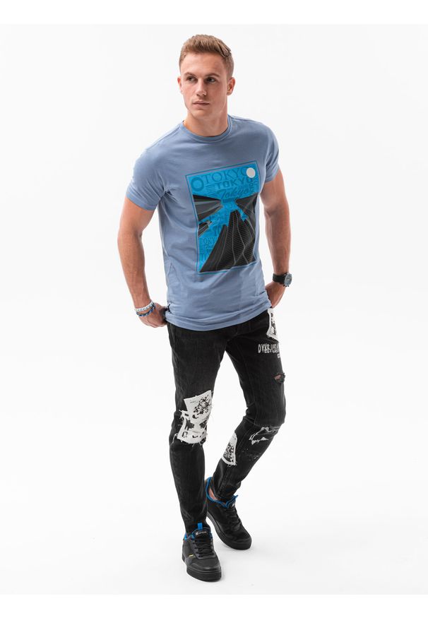 Ombre Clothing - T-shirt męski z nadrukiem S1434 V-5B - niebieski - XXL. Kolor: niebieski. Materiał: bawełna. Wzór: nadruk. Styl: klasyczny