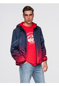 Ombre Clothing - Sportowa męska kurtka ombre z odblaskami i polarową podszewką – granatowo-czerwona V3 - Rozmiar: XL. Kolor: czerwony. Materiał: polar. Wzór: gradientowy, nadruk, napisy. Styl: sportowy