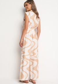 Born2be - Beżowy Długi Kombinezon z Gumką w Pasie w Geometryczny Wzór z Wiskozą Orivia. Okazja: na co dzień. Kolor: beżowy. Materiał: wiskoza. Długość: długie. Wzór: geometria. Styl: klasyczny, casual #3
