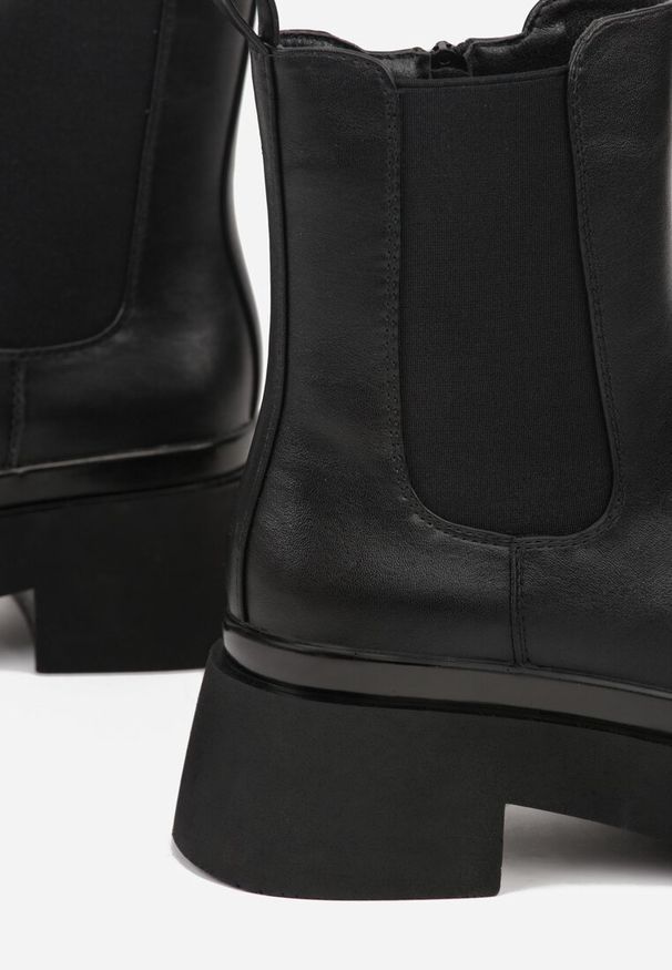 Renee - Czarne Botki Sztyblety na Platformie Tevirka. Zapięcie: pasek. Kolor: czarny. Materiał: satyna, jeans. Obcas: na platformie