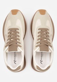 Renee - Beżowe Sneakersy z Geometrycznym Wzorem z Boku Mehida. Okazja: na co dzień. Zapięcie: sznurówki. Kolor: beżowy. Materiał: jeans. Wzór: geometria #9
