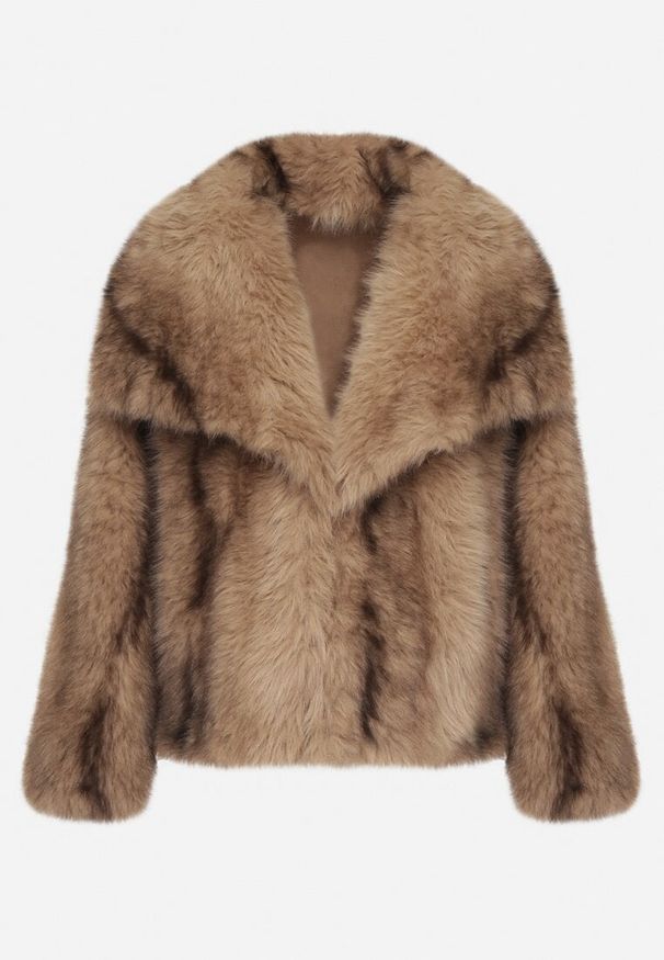 Born2be - Jasnobrązowa Oversizowa Kurtka Futerko z Szerokim Kołnierzem Lenelle. Okazja: na co dzień, na imprezę. Typ kołnierza: golf. Kolor: brązowy. Materiał: futro. Styl: casual, elegancki