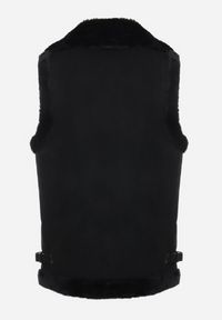 Born2be - Czarna Kamizelka Bezrękawnik w Stylu Biker z Ekozamszu z Futerkiem Terone. Kolor: czarny. Materiał: futro. Długość rękawa: bez rękawów. Wzór: aplikacja #4