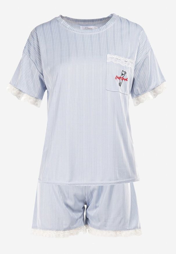 Born2be - Jasnoniebieski 2-Częściowy Komplet Piżamowy Nesista. Kolekcja: plus size. Kolor: niebieski. Materiał: tkanina, bawełna, koronka. Długość: krótkie. Wzór: aplikacja, haft, koronka