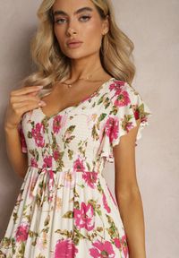 Renee - Jasnobeżowa Wiskozowa Sukienka w Kwiatowy Print Rozkloszowana Maxi Veradisia. Okazja: na plażę, na spacer. Kolor: beżowy. Materiał: wiskoza. Wzór: kwiaty, nadruk. Sezon: lato. Długość: maxi