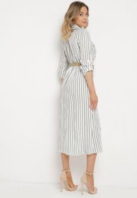 Born2be - Biało-Zielona Sukienka Midi w Koszulowym Stylu z Lnem i Paskiem z Klamrą Egogia. Okazja: na co dzień. Kolor: biały. Materiał: len. Długość rękawa: długi rękaw. Wzór: aplikacja. Typ sukienki: koszulowe. Styl: klasyczny, casual, elegancki. Długość: midi #6
