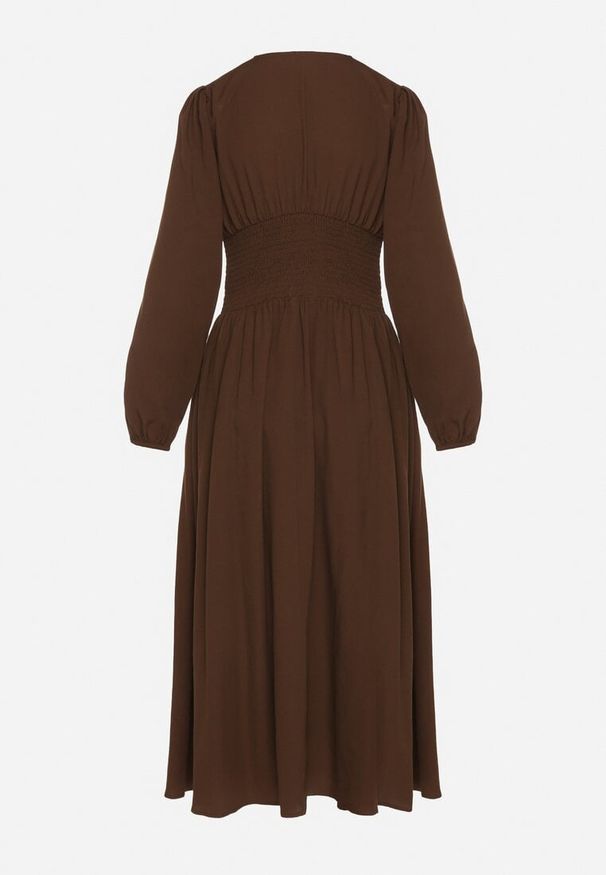 Born2be - Brązowa Sukienka z Wiskozą o Kroju z Gorsetową Talią i Bufiastymi Rękawami Aniste. Okazja: na co dzień. Typ kołnierza: dekolt gorset. Kolor: brązowy. Materiał: wiskoza. Typ sukienki: gorsetowe. Styl: wizytowy, casual, elegancki, sportowy