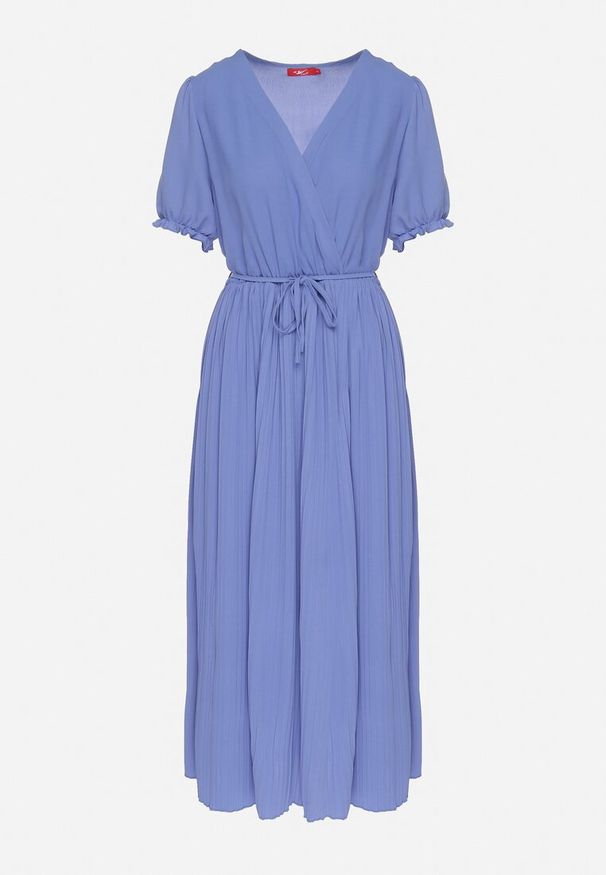 Born2be - Niebieska Kopertowa Sukienka z Bawełną i Paskiem Ivellevia. Okazja: na co dzień. Typ kołnierza: dekolt w serek. Kolor: niebieski. Materiał: bawełna. Długość rękawa: długi rękaw. Sezon: lato. Typ sukienki: kopertowe. Styl: elegancki, casual, klasyczny