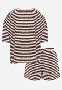 Born2be - Brązowy Komplet Bawełniany z Dzianiny Szorty i T-shirt o Luźnym Kroju w Paski Proseltte. Kolor: brązowy. Materiał: bawełna, dzianina. Wzór: paski #2