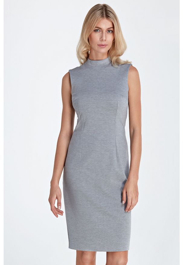 Colett - Elegancka klasyczna sukienka midi ze stójką. Okazja: do pracy. Typ kołnierza: kołnierzyk stójkowy. Materiał: dzianina, nylon. Typ sukienki: proste. Styl: elegancki, klasyczny. Długość: midi