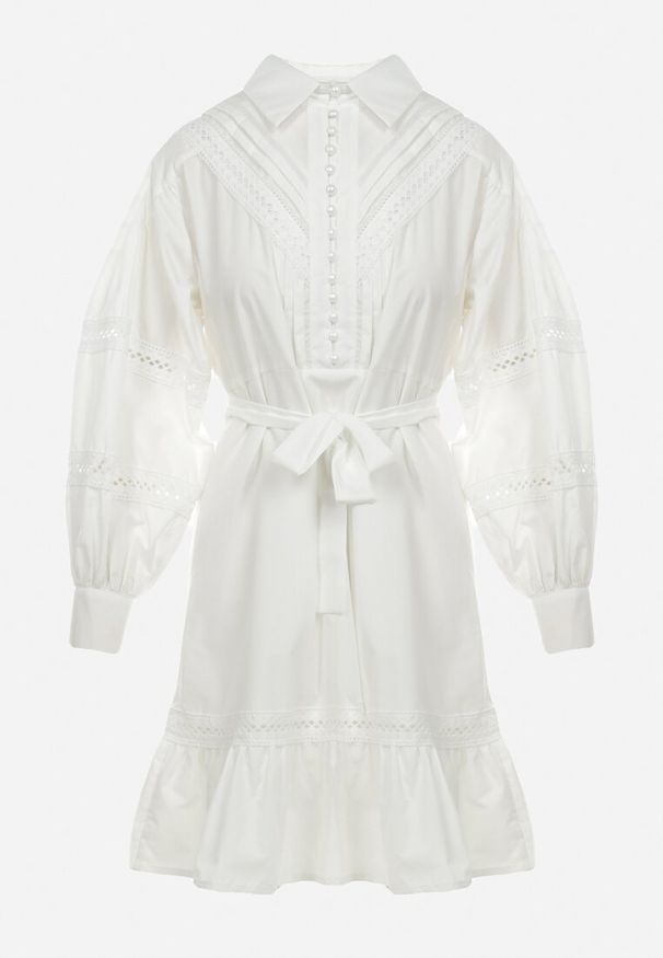 Born2be - Biała Koszulowa Sukienka z Bufiastym Rękawem i Ażurowymi Wstawkami Staples. Kolor: biały. Wzór: ażurowy. Typ sukienki: koszulowe. Styl: vintage