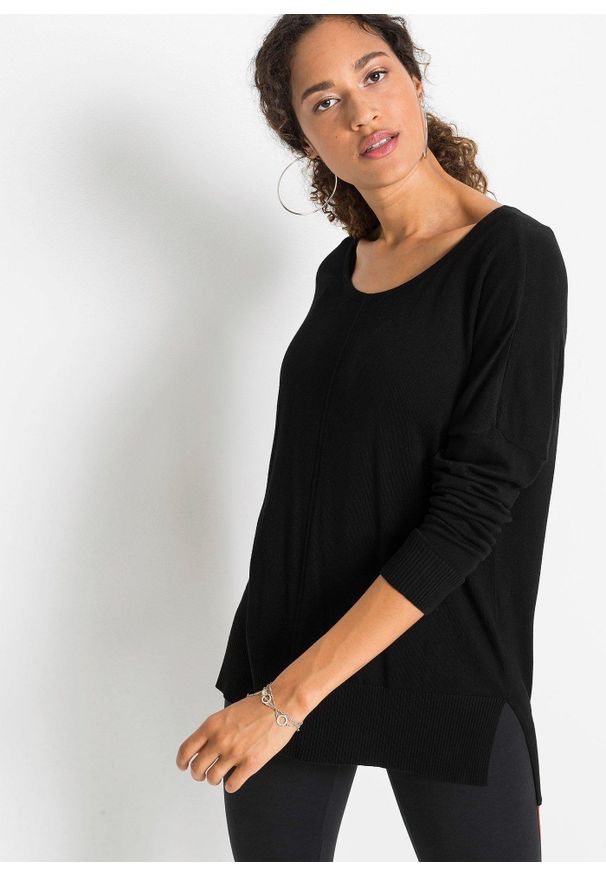 bonprix - Sweter dzianinowy oversize z mieszanki wiskozy. Kolor: czarny. Materiał: dzianina, wiskoza, materiał. Długość rękawa: długi rękaw. Długość: długie