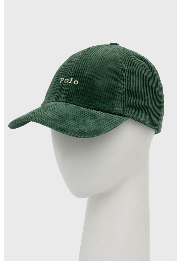 Polo Ralph Lauren czapka z daszkiem sztruksowa kolor zielony gładka. Kolor: zielony. Materiał: sztruks. Wzór: gładki