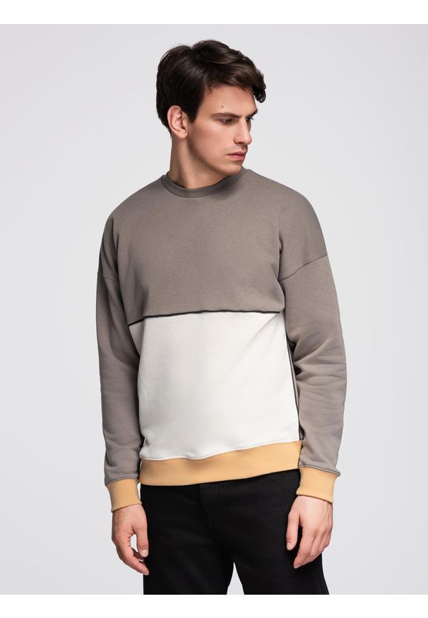 Ombre Clothing - Bluza męska OVERSIZE z kontrastowym łączeniem kolorów - khaki V7 - Rozmiar: M. Kolor: brązowy. Materiał: poliester, materiał, bawełna. Wzór: aplikacja