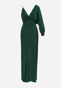 Born2be - Zielona Błyszcząca Asymetryczna Sukienka Maxi z Rozcięciem i Kopertowym Dekoltem Aknasa. Kolor: zielony. Materiał: materiał. Typ sukienki: asymetryczne, kopertowe. Długość: maxi