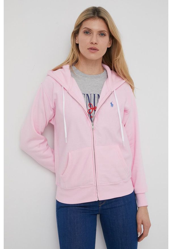 Polo Ralph Lauren bluza 211780303013 damska kolor różowy z kapturem gładka. Okazja: na co dzień. Typ kołnierza: kaptur, polo. Kolor: różowy. Materiał: dzianina. Wzór: gładki. Styl: casual