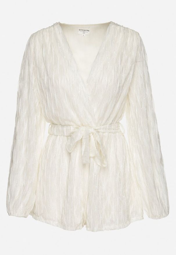 Born2be - jasnobeżowy Kombinezon o Kopertowym Kroju Zdobiony Błyszczącą Nitką i Wiązany w Pasie Venvina. Kolor: beżowy. Materiał: skóra. Wzór: aplikacja. Styl: elegancki