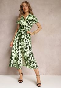 Renee - Zielona Rozkloszowana Sukienka Midi w Koszulowym Stylu Emerrisa. Kolor: zielony. Materiał: materiał. Wzór: geometria. Sezon: lato, wiosna. Typ sukienki: koszulowe. Długość: midi #4