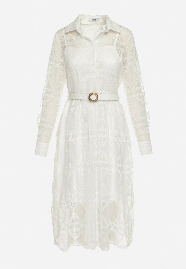 Born2be - Biała Rozkloszowana Sukienka Midi z Haftowanej Tkaniny Abdiela. Kolor: biały. Materiał: tkanina. Długość rękawa: na ramiączkach. Wzór: haft. Długość: midi