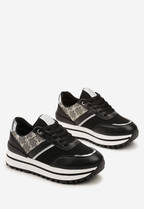 Born2be - Czarne Sneakersy na Grubej Podeszwie z Brokatem i Materiałowymi Wstawkami Dinrila. Okazja: na co dzień. Kolor: czarny. Materiał: materiał