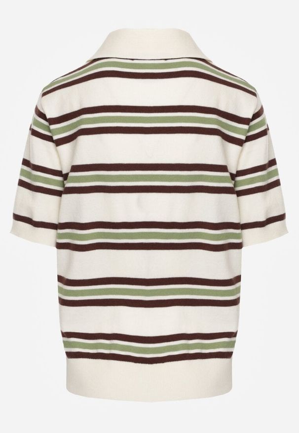 Renee - Zielono-Kremowy T-shirt Polo z Wiskozą w Paski z Guzikami Vevevia. Okazja: na co dzień. Typ kołnierza: polo. Kolor: zielony. Materiał: wiskoza. Wzór: paski. Styl: casual, sportowy