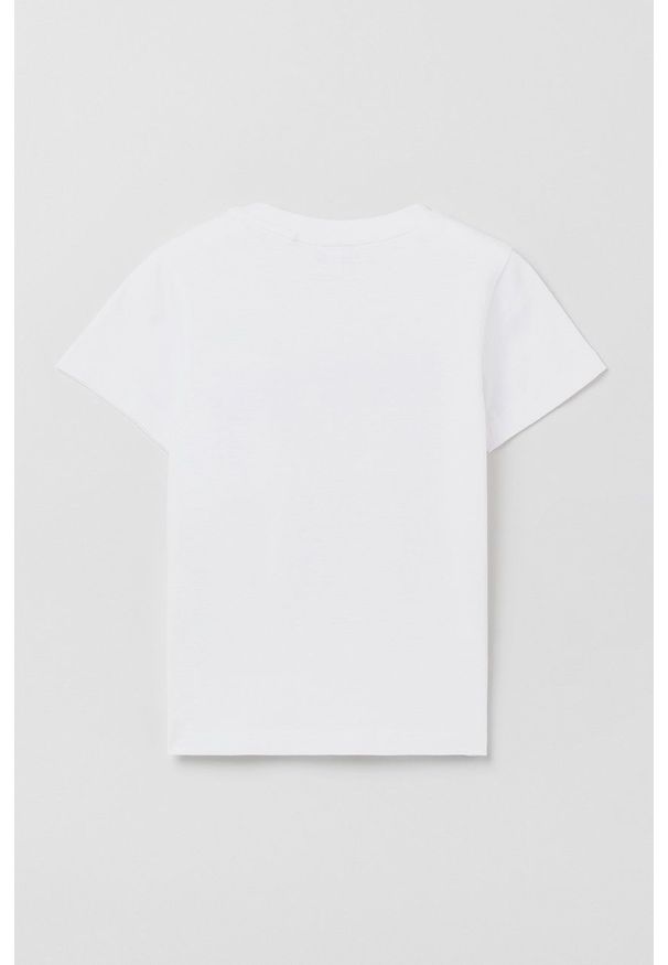 OVS t-shirt bawełniany dziecięcy kolor biały z nadrukiem. Okazja: na co dzień. Kolor: biały. Materiał: bawełna. Wzór: nadruk. Styl: casual