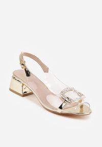 Renee - Złote Eleganckie Sandały VICES z Transparentną Cholewką i Klamrą z Cyrkoniami Qinieth. Zapięcie: klamry. Kolor: złoty. Materiał: satyna. Obcas: na obcasie. Styl: elegancki. Wysokość obcasa: średni #8
