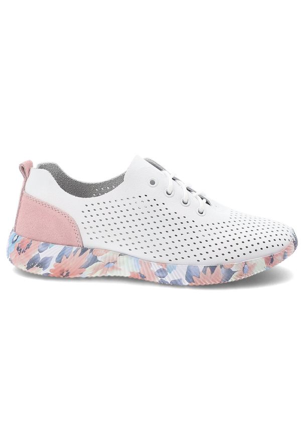 Półbuty damskie Artiker, skóra naturalna perforowana cholewka sznurowany fason lekka elastyczna podeszwa z kwiatowym motywem, białe, 58C0587. Okazja: na co dzień, na spacer. Zapięcie: sznurówki. Kolor: biały. Materiał: skóra. Szerokość cholewki: normalna. Wzór: kwiaty. Sport: turystyka piesza