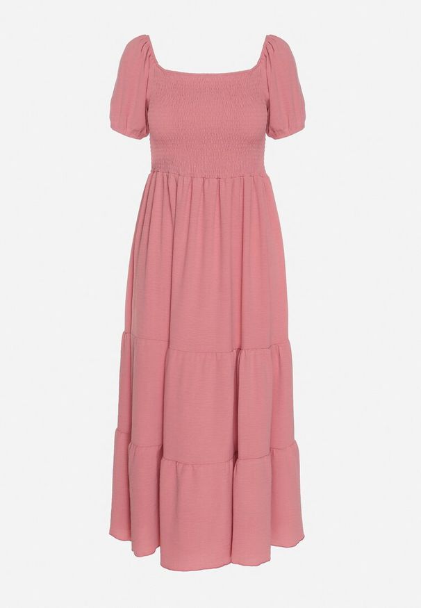 Born2be - Ciemnoróżowa Rozkloszowana Sukienka z Dekoltem Typu Hiszpanka z Marszczeniem Lumorice. Okazja: na co dzień. Typ kołnierza: dekolt hiszpanka. Kolor: różowy. Styl: casual, elegancki