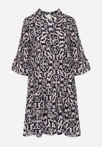 Born2be - Granatowa Sukienka Rozkloszowana z Bawełny w Etniczny Wzór Zalista. Okazja: na co dzień. Kolor: niebieski. Materiał: bawełna. Typ sukienki: rozkloszowane. Styl: boho, casual #5