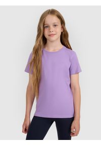 4f - 4F T-shirt regular gładki dziewczęcy - fioletowa 158 (12-13 lat). Okazja: na co dzień. Kolor: fioletowy. Materiał: bawełna, materiał, jersey. Długość rękawa: krótki rękaw. Długość: krótkie. Wzór: gładki. Sezon: lato. Styl: klasyczny, młodzieżowy, sportowy, casual