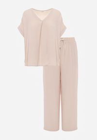 Renee - Jasnobeżowy Komplet Bluzka i Luźne Spodnie z Wiskozą i Kieszonkami Efraria. Kolor: beżowy. Materiał: wiskoza. Wzór: aplikacja #7