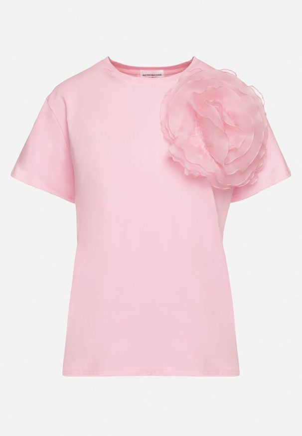 Born2be - Różowy T-shirt Koszulka z Krótkim Rękawem i Aplikacją w Kształcie Kwiatu Nestairis. Kolor: różowy. Długość rękawa: krótki rękaw. Długość: krótkie. Wzór: aplikacja, kwiaty. Styl: klasyczny