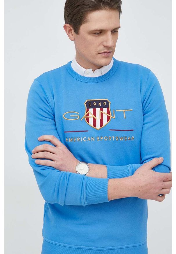 GANT - Gant bluza męska kolor niebieski z aplikacją. Okazja: na co dzień. Kolor: niebieski. Wzór: aplikacja. Styl: casual